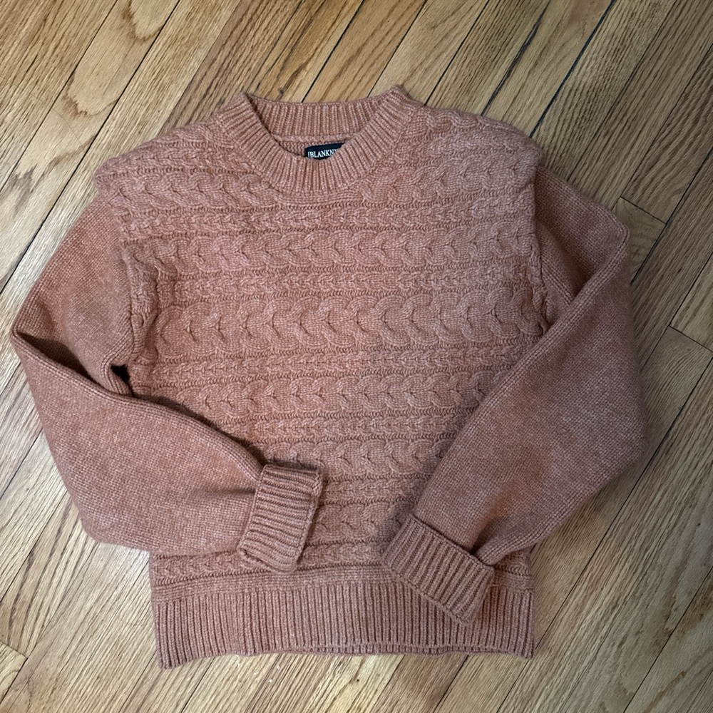 Blank NYC Brown Crewneck Sweater with Cable Knit Design